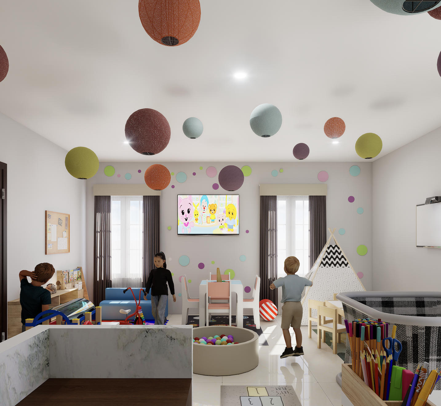 Children arriving at a bright colorful daycare classroom, teacher greeting them warmly